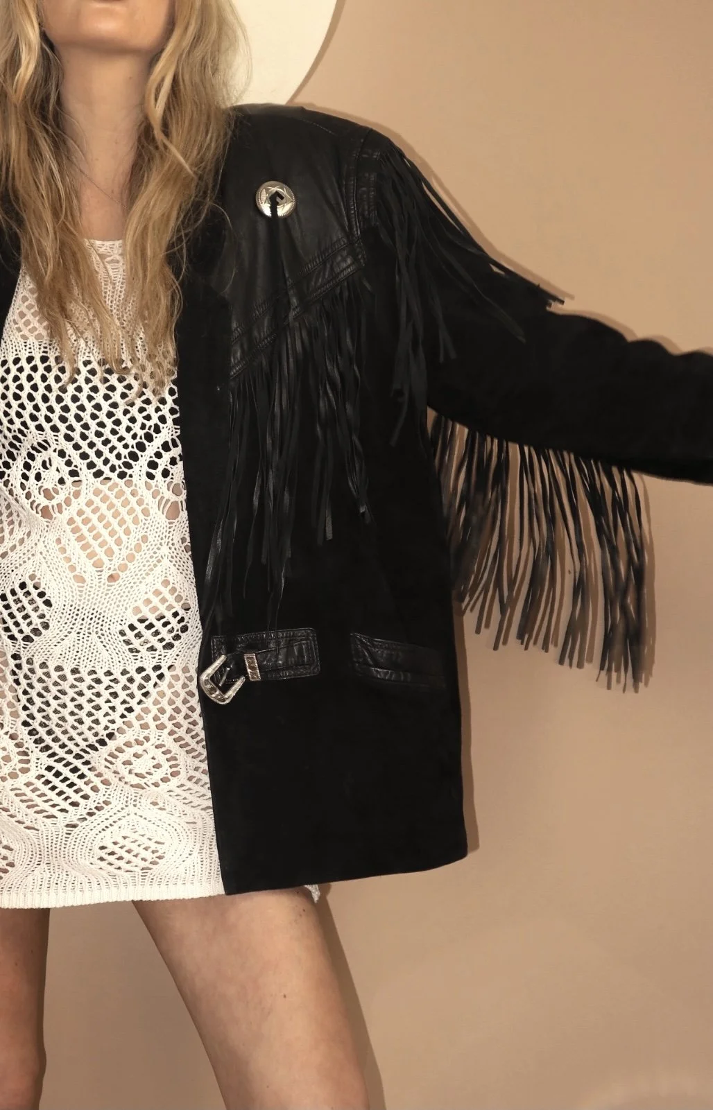 VINTAGE 80s BLACK LEATHER CONCHO WESTERN FRINGED OVERSIZED